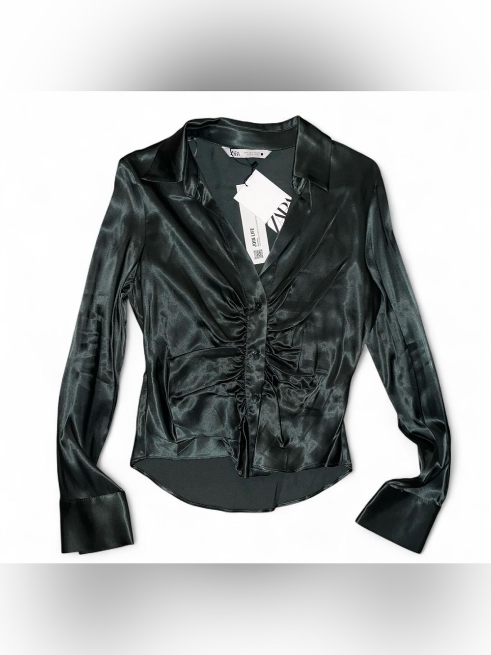 Zara dark green satin long sleeve blouse with ruching size small. Brand new